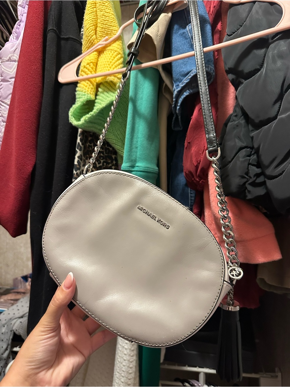 Michael Kors Light Gray Oval Leather Crossbody with Chain Strap